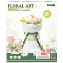 Vorderseite der Verpackung der Robotime Camellia, Kunststoffbausatz einer weißen Blume