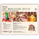 Rückseite der Verpackung der Robotime Christmas Candy Stand, Bausatz für einen Miniatur-Süßigkeitenstand im Weihnachtsdesign