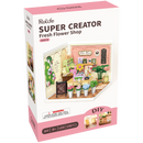 Vorderseite der Verpackung der Robotime Fresh Flower Shop, Kunststoff-Miniaturhaus eines gemütlichen Blumenladens