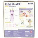 Rückseite der Verpackung der Robotime Purple Rose, Kunststoffbausatz einer lila Blume