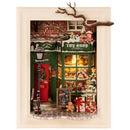 Produktfoto der Robotime Santa’s Toy Shop, Diorama eines weihnachtlich dekorierten Ladens mit Lichtern