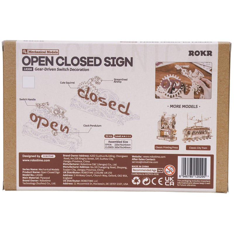 Rückseite der Verpackung der Robotime Open Closed Sign, Holzbausatz eines transformierenden Schildes