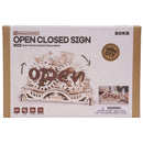 Vorderseite der Verpackung der Robotime Open Closed Sign, Holzbausatz eines transformierenden Schildes