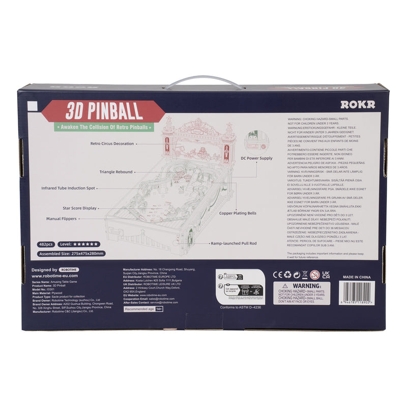 Rückseite der Verpackung der Robotime 3D Pinball Machine, Holzbausatz für einen funktionierenden Flipperautomaten mit Licht, Ton und funktionierender Punkteanzeige