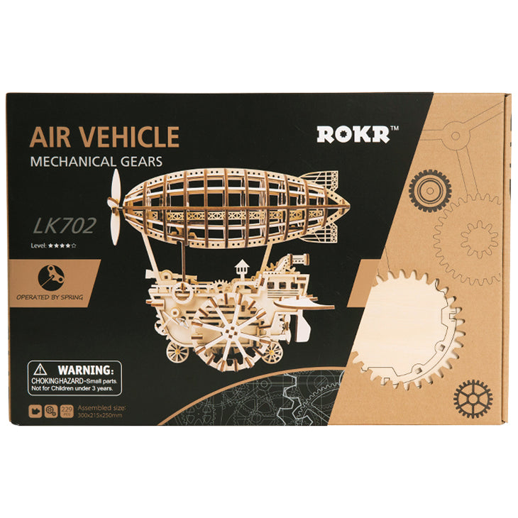 Vorderseite der Verpackung der Robotime Air Vehicle, Holzmodellbau eines mechanischen, fahrenden Steampunk-Zeppelins