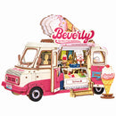 Produktfoto der Robotime Beverly’s Ice Cream Truck, Holzbausatz für einen rosa-weißen Eiswagen