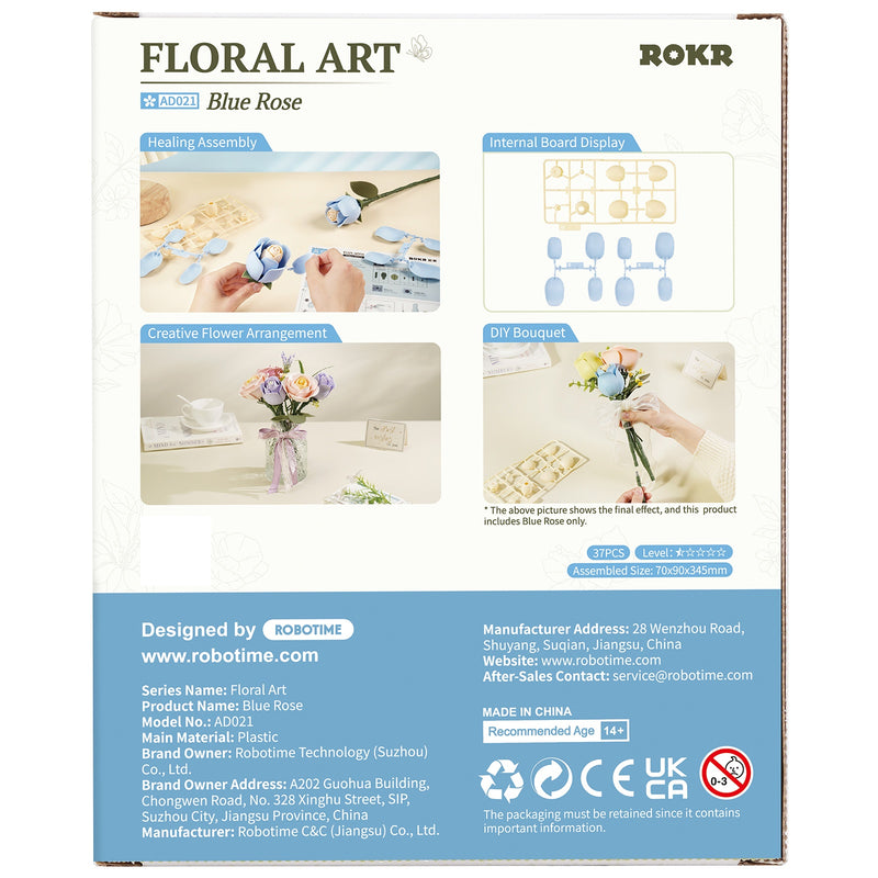 Rückseite der Verpackung der Robotime Blue Rose, Kunststoffbausatz einer blauen Rose