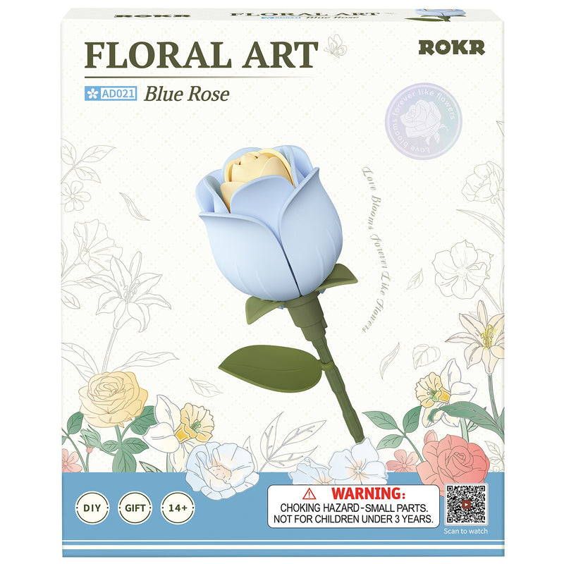Vorderseite der Verpackung der Robotime Blue Rose, Kunststoffbausatz einer blauen Rose