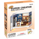 Vorderseite der Verpackung der Robotime Butter Bakery House, Miniatur- Bäckerei aus Kunststoff in einer kleinen Vitrine