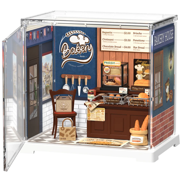 Produktfoto der Robotime Butter Bakery House, Miniatur- Bäckerei aus Kunststoff in einer kleinen Vitrine