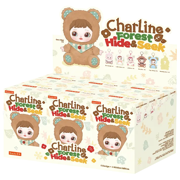 Display mit sechs Verpackungen aus der Robotime Charline Forest Hide & Seek Plush Pendant Blind Box Serie