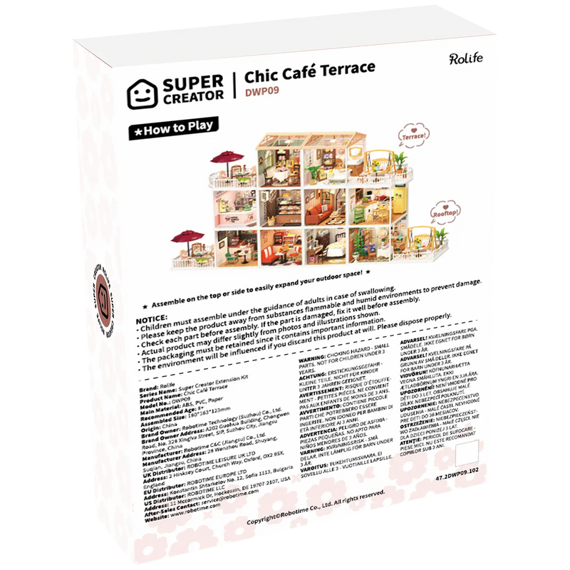 Rückseite der Verpackung der Robotime Chic Café Terrace, Miniatur-Dachterrasse aus Kunststoff für die Super Creator-Serie
