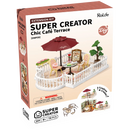Vorderseite der Verpackung der Robotime Chic Café Terrace, Miniatur-Dachterrasse aus Kunststoff für die Super Creator-Serie