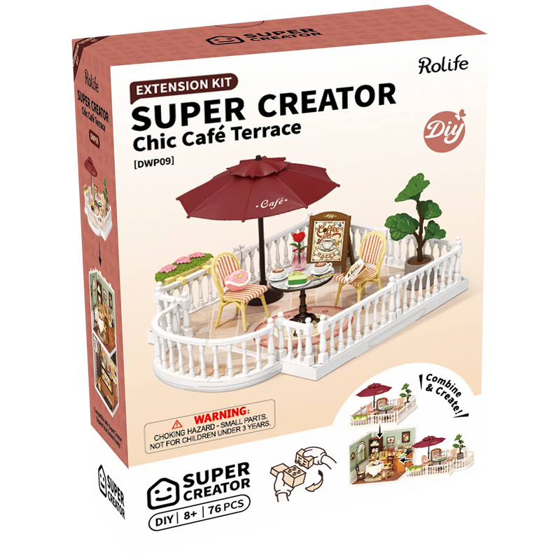Vorderseite der Verpackung der Robotime Chic Café Terrace, Miniatur-Dachterrasse aus Kunststoff für die Super Creator-Serie