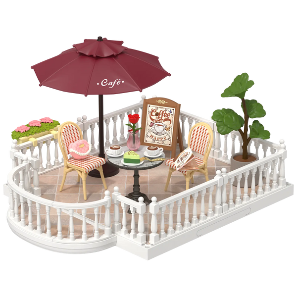 Produktfoto der Robotime Chic Café Terrace, Miniatur-Dachterrasse aus Kunststoff für die Super Creator-Serie