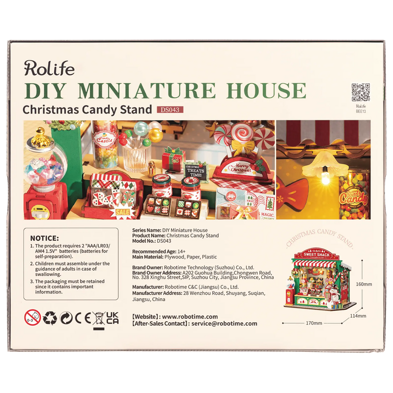 Rückseite der Verpackung der Robotime Christmas Candy Stand, Bausatz für einen Miniatur-Süßigkeitenstand im Weihnachtsdesign