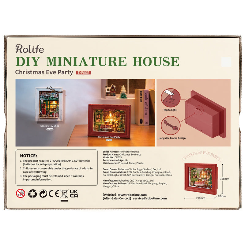 Rückseite der Verpackung der Robotime Christmas Eve Party, Diorama eines weihnachtlich dekorierten Wohnzimmers mit Lichtern
