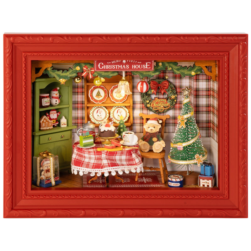 Produktfoto der Robotime Christmas Eve Party, Diorama eines weihnachtlich dekorierten Wohnzimmers mit Lichtern