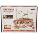 Vorderseite der Verpackung der Robotime Classic City Tram, Holzmodellbau eines mechanische, fahrende portugiesische Straßenbahn