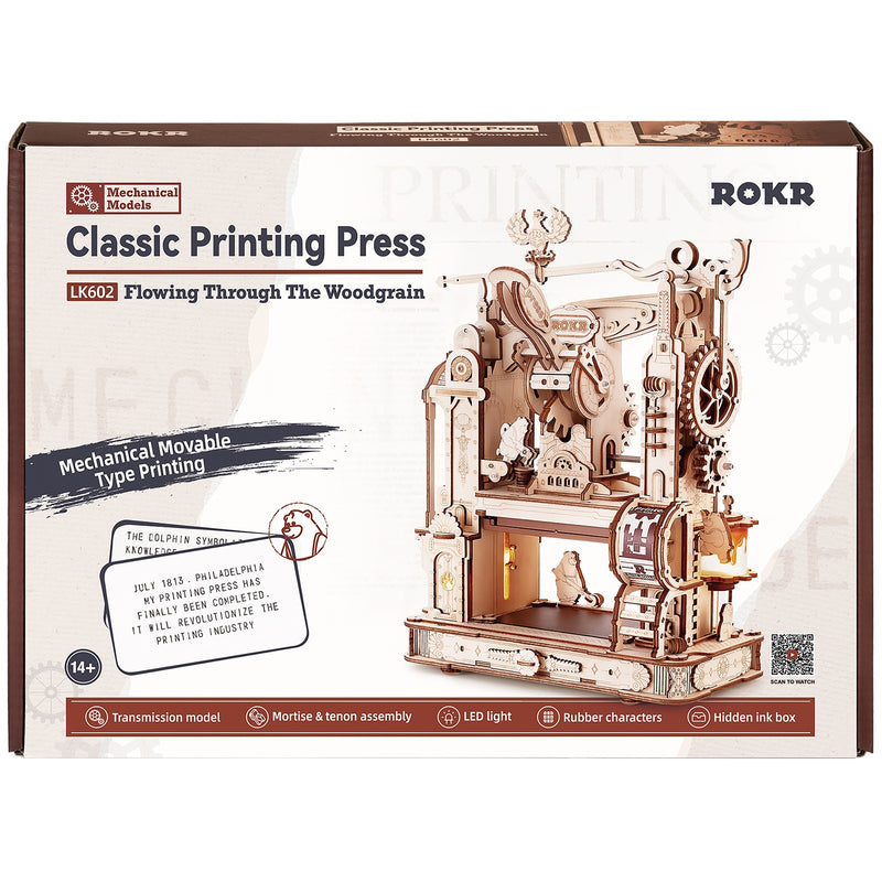 Vorderseite der Verpackung der Robotime Classic Printing Press, Holzmodllbau einer funktionierenden Druckerpresse