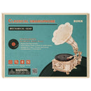 Vorderseite der Verpackung der Robotime Classical Gramophone, Holzmodellbau eines elektrisches Grammophons