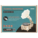 Vorderseite der Verpackung der Robotime Classical Gramophone, Holzmodellbau eines funktionierenden Grammophons