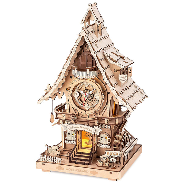 Produktfoto der Robotime Cuckoo Clock Naturfarbenes Holz, Holzbausatz einer Kuckucksuhr in Naturholzfarbe