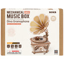 Vorderseite der Verpackung der Robotime Diva Gramophone, Holzbausatz für eine Spieluhr in Form eines alten Plattenspielers