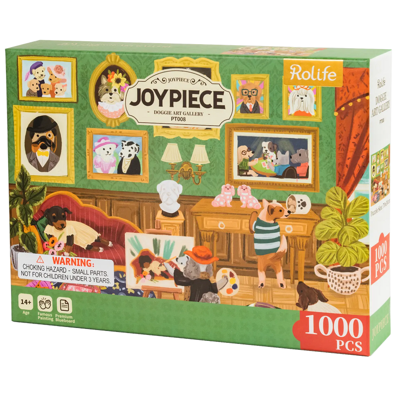 Vorderseite der Verpackung der Robotime Doggie Art Gallery, 1.000-teiliges Puzzle eines Gemäldes mit Hunden in einem Raum voller Kunst
