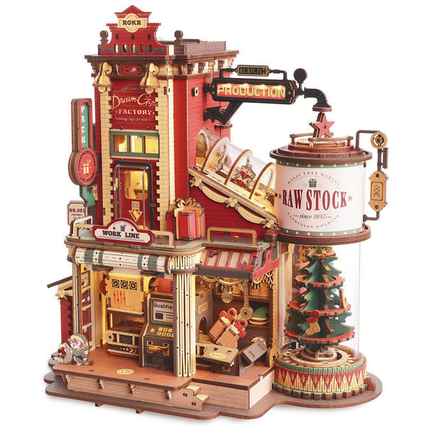 Produktfoto der Robotime Dream Gift Factory, Holzbausatz einer Fabrik die Weihnachtsgeschenke herstellt