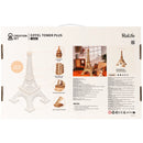 Rückseite der Verpackung der Robotime Eiffel Tower Plus, Holzmodellbau eines großen Eiffelturms