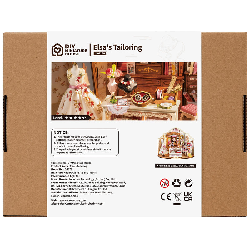 Rückseite der Verpackung der Robotime Elsa’s Tailoring, DIY Miniaturhaus eines niedlichen Nähateliers