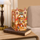 Atmosphärische Präsentation der Robotime Fairytale Amusement Park, Holzbaukasten für ein Book Nook im Stil eines altmodischen Vergnügungsparks