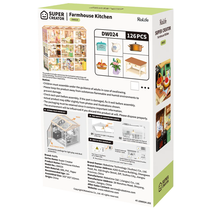 Rückseite der Verpackung der Robotime Farmhouse Kitchen, Kunststoff-Miniaturküche im Vintage-Landhausstil