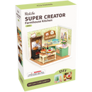 Vorderseite der Verpackung der Robotime Farmhouse Kitchen, Kunststoff-Miniaturküche im Vintage-Landhausstil