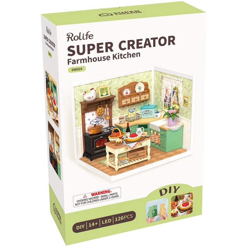 Vorderseite der Verpackung der Robotime Farmhouse Kitchen, Kunststoff-Miniaturküche im Vintage-Landhausstil