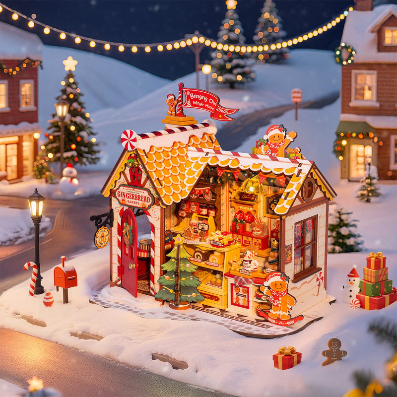 Atmosphärische Präsentation der Robotime Gingerbread House, Miniaturhaus eines Lebkuchenhauses in weihnachtlicher Atmosphäre