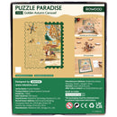 Rückseite der Verpackung der Robotime Golden Autumn Carousel, Puzzle mit ungewöhnlichen Teilen, das ein altmodisches Karussell an einem verschneiten Herbsttag darstellt