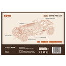 Rückseite der Verpackung der Robotime Grand Prix Car, Holzbaukasten eines Oldtimer-Rennwagens mit offenem Dach