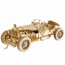 Produktfoto der Robotime Grand Prix Car, Holzbaukasten eines Oldtimer-Rennwagens mit offenem Dach