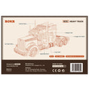 Rückseite der Verpackung der Robotime Heavy Truck, Holzbaukasten eines Lastwagens im amerikanischen Stil