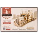 Vorderseite der Verpackung der Robotime Heavy Truck, Holzbaukasten eines Lastwagens im amerikanischen Stil