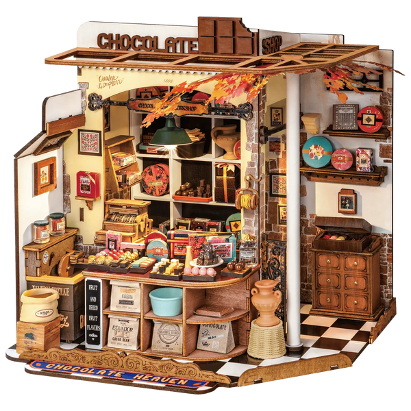 Produktfoto der Robotime Henry’s Chocolate, Miniaturhaus eines altmodischen Schokoladengeschäfts