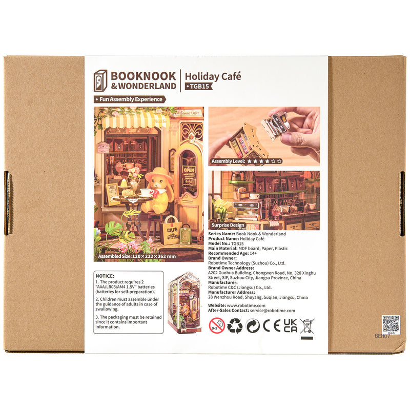 Rückseite der Verpackung der Robotime Holiday Café, Book Nook Holzbausatz für eine Terrasse bei einem überdachten Café