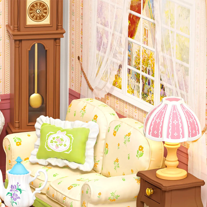 Die Bank, die Lampe und die Standuhr beim Fenster von Robotime Holiday Tea Time