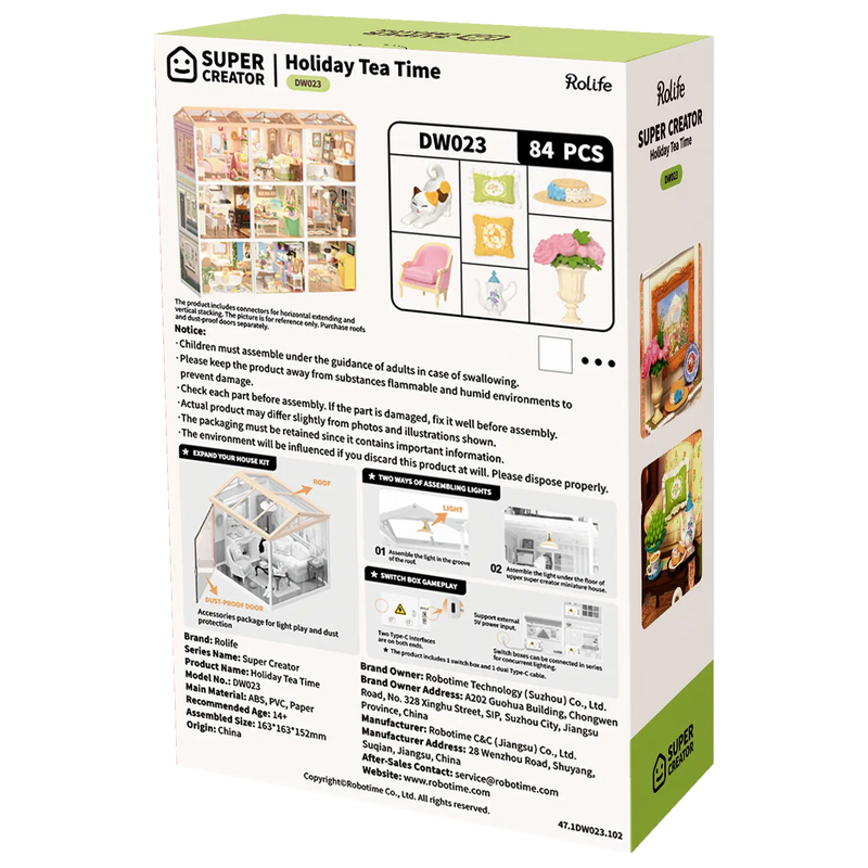 Rückseite der Verpackung der Robotime Holiday Tea Time, Kunststoff-Miniatur-Wohnzimmer, in dem ein gemütlicher Tee-Moment stattfindet