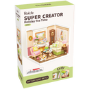 Vorderseite der Verpackung der Robotime Holiday Tea Time, Kunststoff-Miniatur-Wohnzimmer, in dem ein gemütlicher Tee-Moment stattfindet