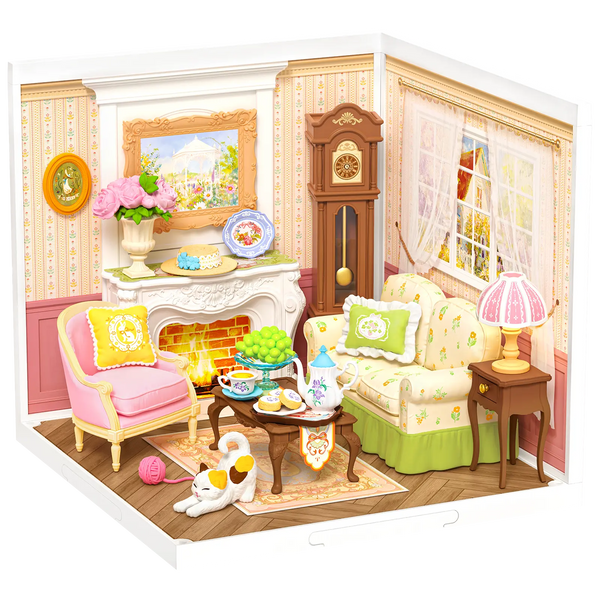 Produktfoto der Robotime Holiday Tea Time, Kunststoff-Miniatur-Wohnzimmer, in dem ein gemütlicher Tee-Moment stattfindet