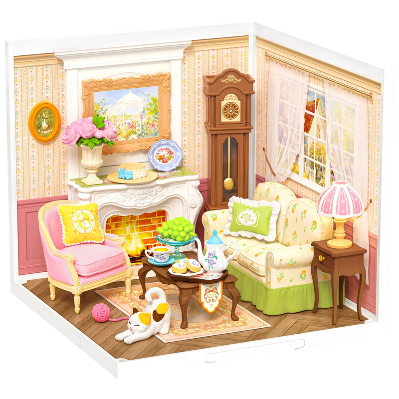 Produktfoto der Robotime Holiday Tea Time, Kunststoff-Miniatur-Wohnzimmer, in dem ein gemütlicher Tee-Moment stattfindet