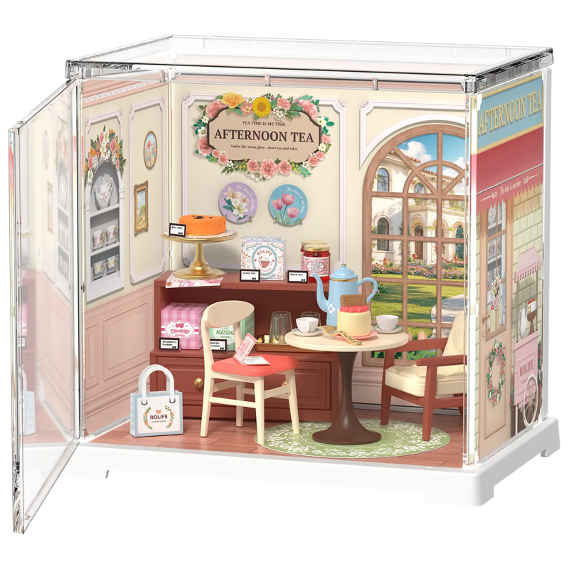 Produktfoto der Robotime Honey Tea Lounge, Miniatur-Teesalon aus Kunststoff in einer kleinen Vitrine